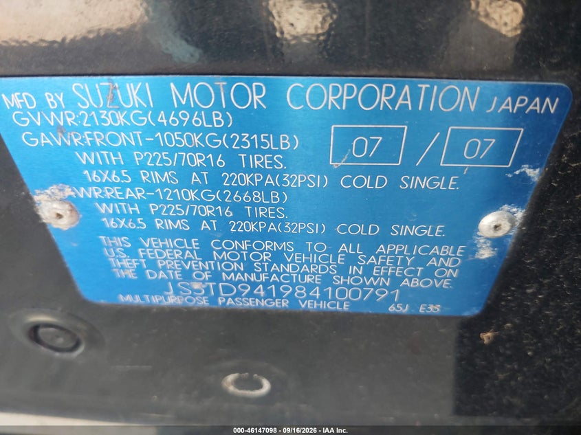SUZUKI GRAND VITARA 2008 VIN JS3TD941984100791