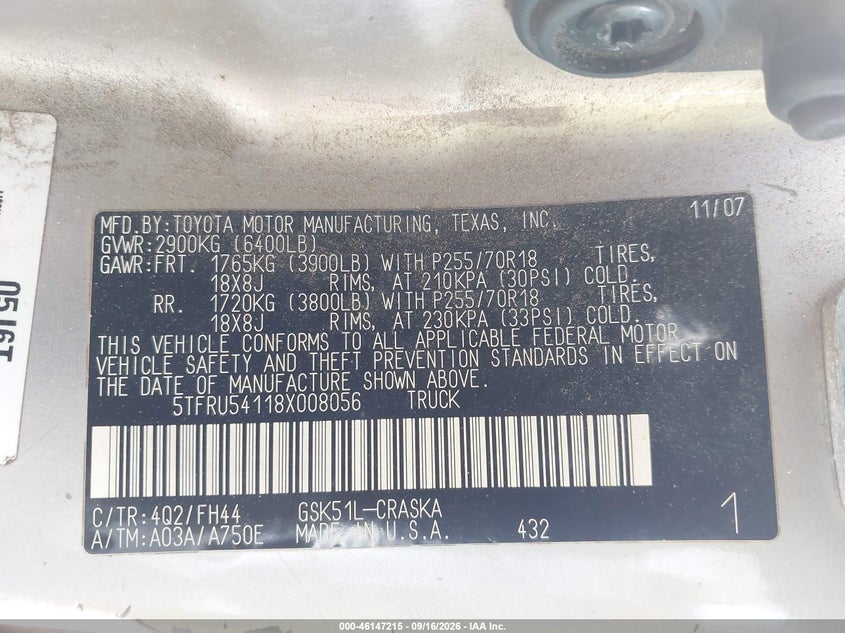 TOYOTA TUNDRA 2008 VIN 5TFRU54118X008056