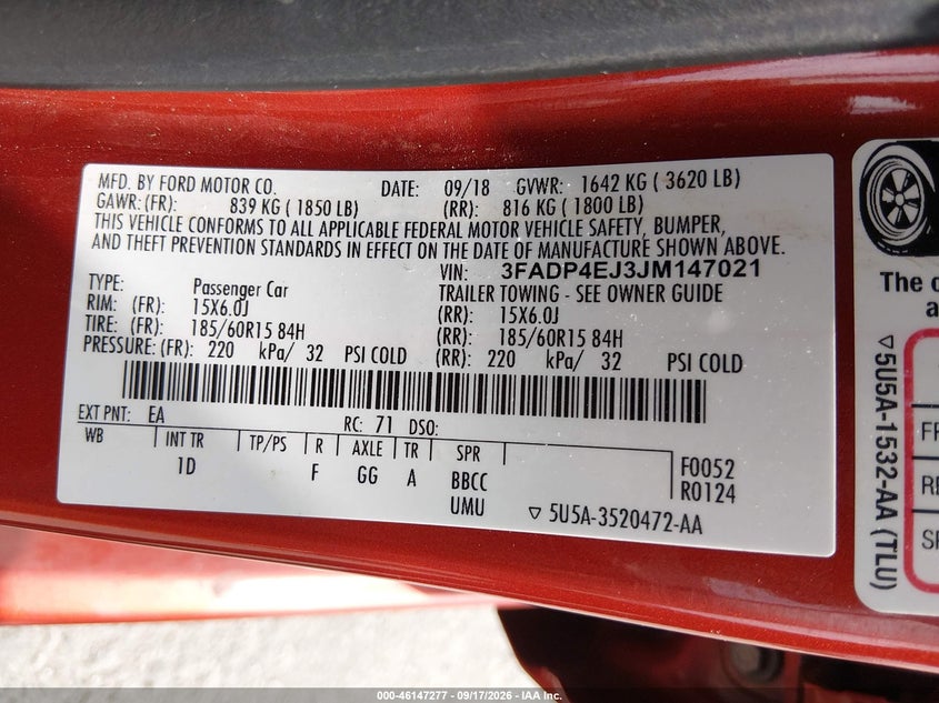 FORD FIESTA 2018 VIN 3FADP4EJ3JM147021