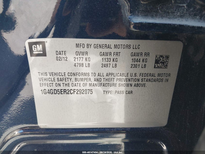 BUICK LACROSSE 2012 VIN 1G4GD5ER2CF292075
