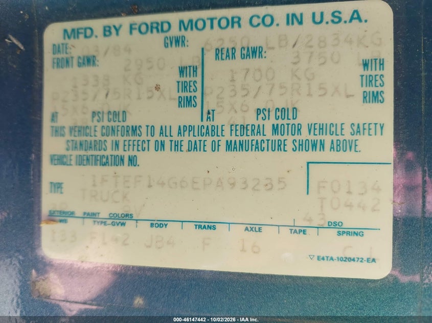 FORD F150 1984 VIN 1FTEF14G6EPA93235