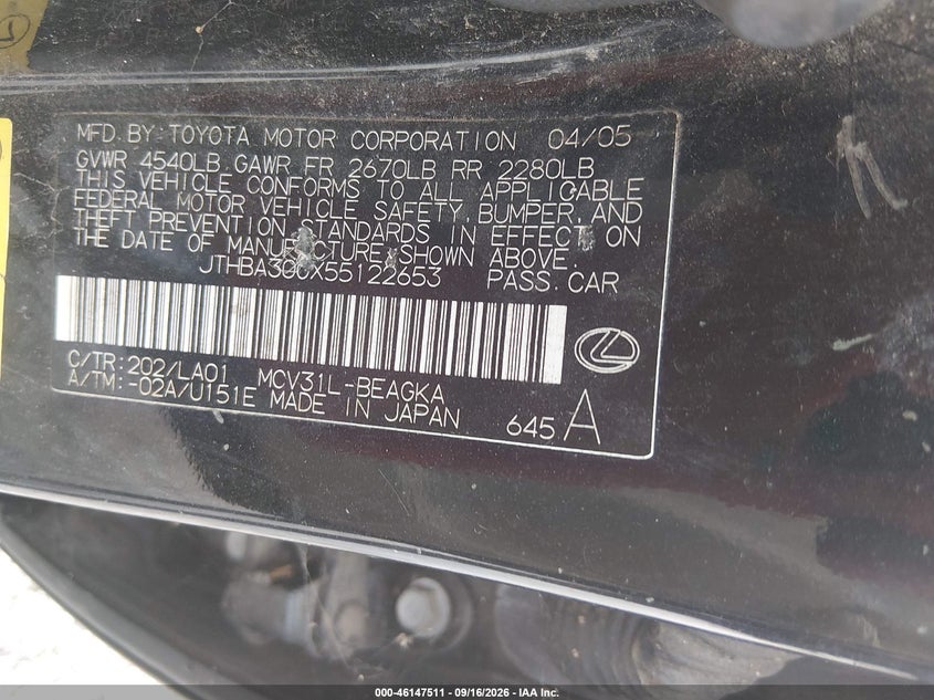 LEXUS ES 330 2005 VIN JTHBA30GX55122653