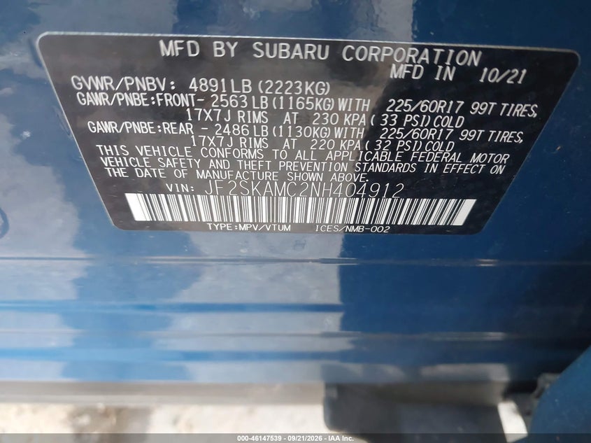SUBARU FORESTER 2022 VIN JF2SKAMC2NH404912