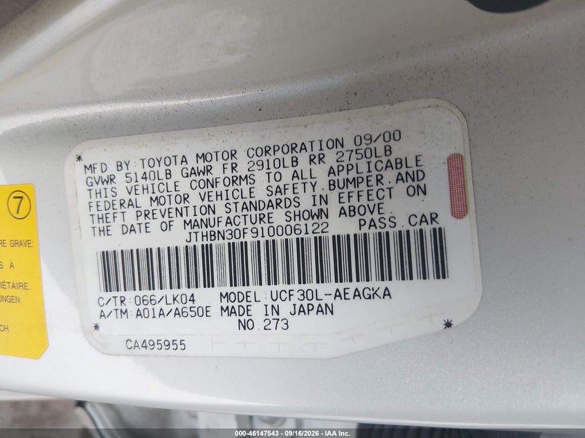 LEXUS LS 430 2001 VIN JTHBN30F910006122