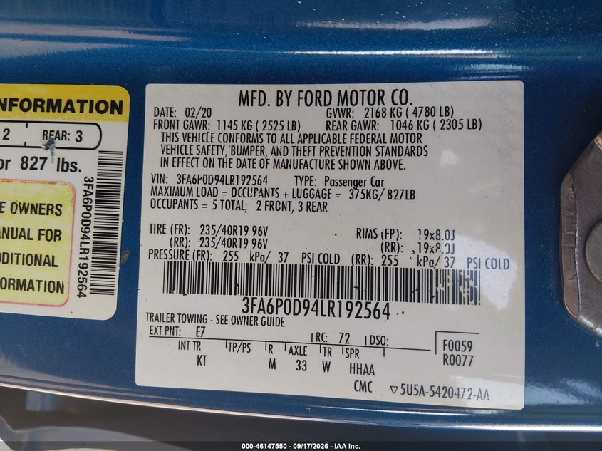 FORD FUSION 2020 VIN 3FA6P0D94LR192564