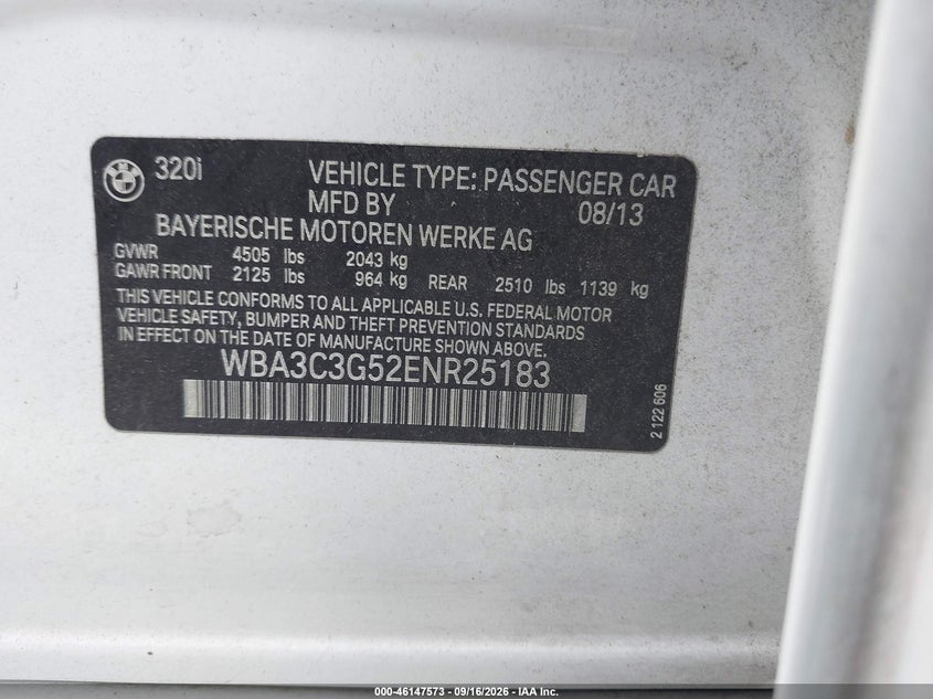 BMW 320I 2014 VIN WBA3C3G52ENR25183