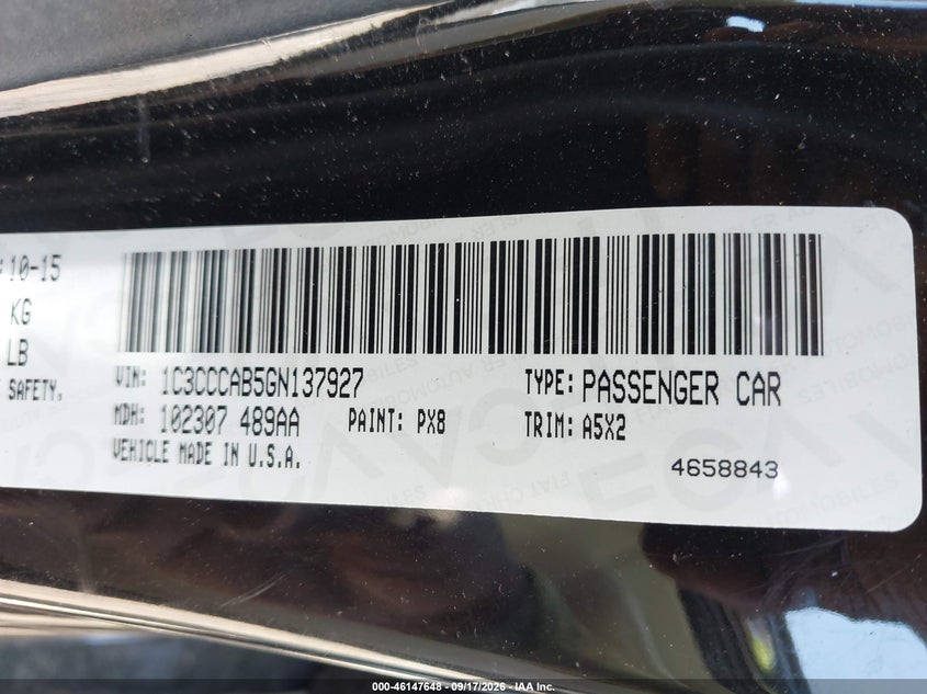 CHRYSLER 200 2016 VIN 1C3CCCAB5GN137927
