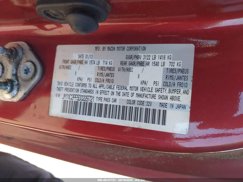 MAZDA MX-5 MIATA 2013 VIN JM1NC2PF5D0229721
