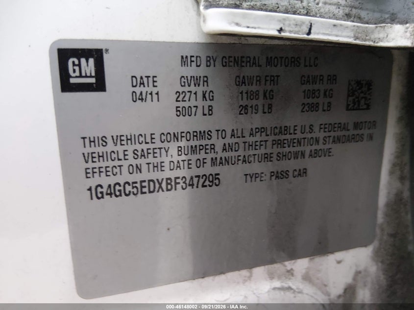 BUICK LACROSSE 2011 VIN 1G4GC5EDXBF347295