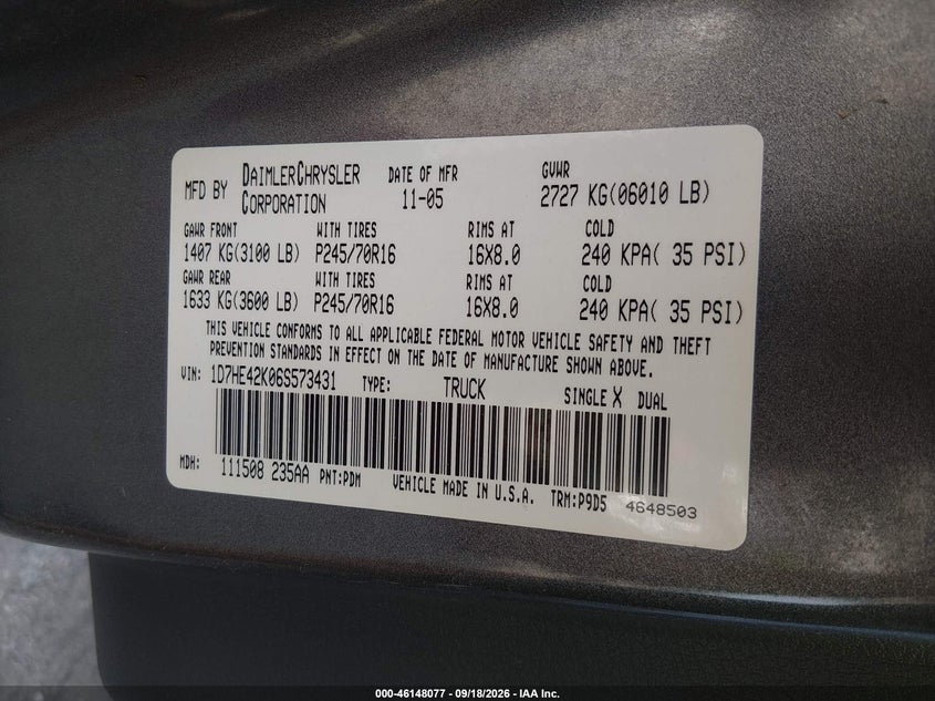DODGE DAKOTA 2006 VIN 1D7HE42K06S573431