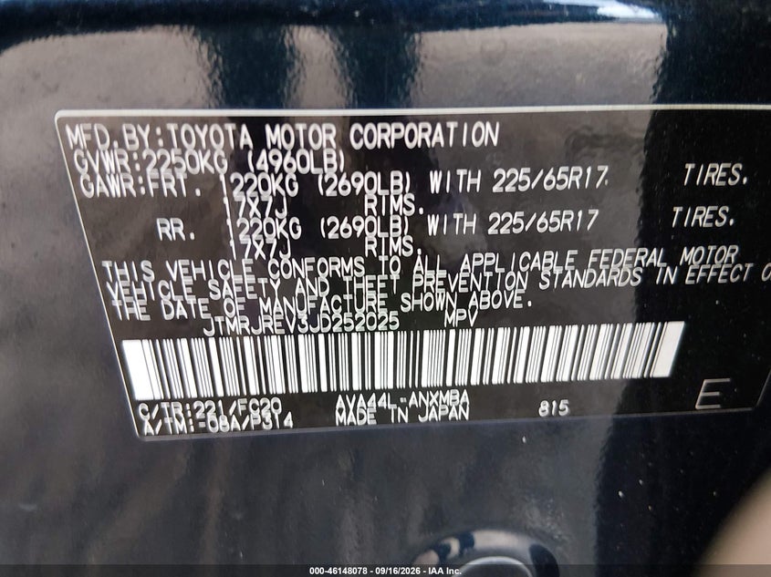 TOYOTA RAV4 HYBRID 2018 VIN JTMRJREV3JD252025