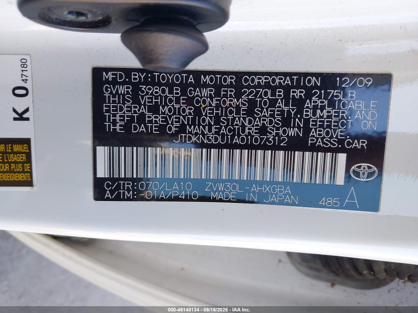 TOYOTA PRIUS 2010 VIN JTDKN3DU1A0107312