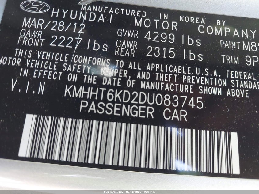 HYUNDAI GENESIS 2013 VIN KMHHT6KD2DU083745