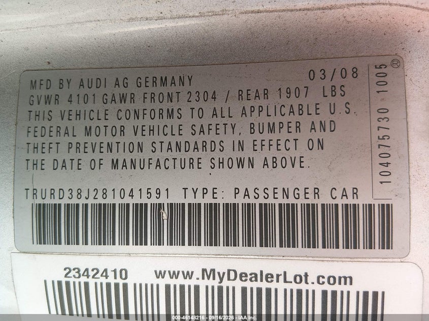 AUDI TT 2008 VIN TRURD38J281041591