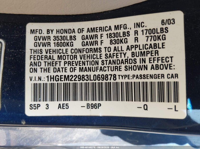 HONDA CIVIC 2003 VIN 1HGEM22983L069878