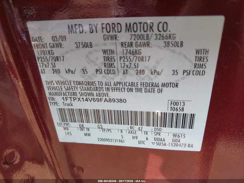 FORD F-150 2009 VIN 1FTPX14V69FA89380