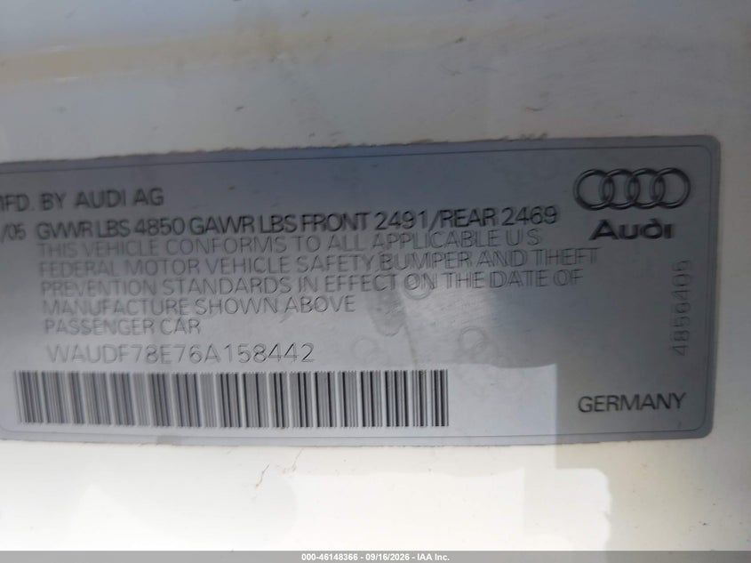 AUDI A4 2006 VIN WAUDF78E76A158442