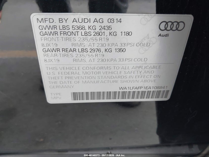 AUDI Q5 2014 VIN WA1LFAFP1EA108841