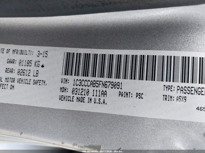 CHRYSLER 200 2015 VIN 1C3CCCAB5FN679091