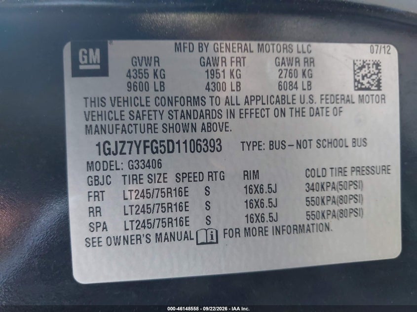 GMC SAVANA 3500 2013 VIN 1GJZ7YFG5D1106393