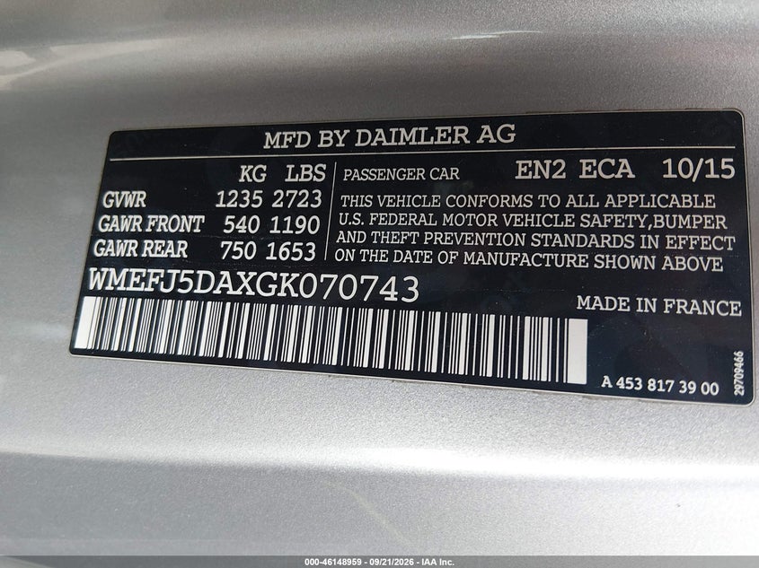 SMART FORTWO 2016 VIN WMEFJ5DAXGK070743