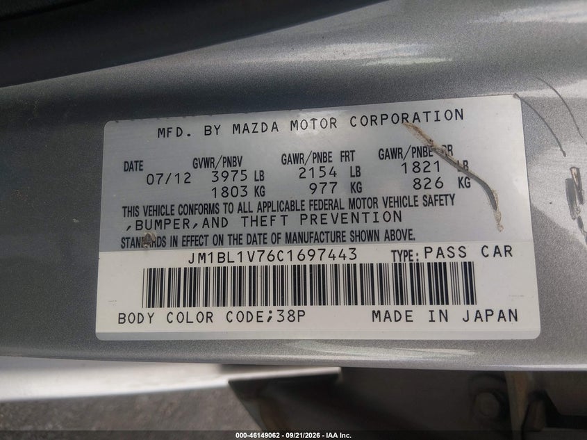 MAZDA MAZDA3 2012 VIN JM1BL1V76C1697443