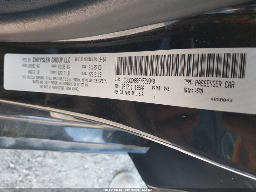 CHRYSLER 200 2015 VIN 1C3CCCAB6FN590940