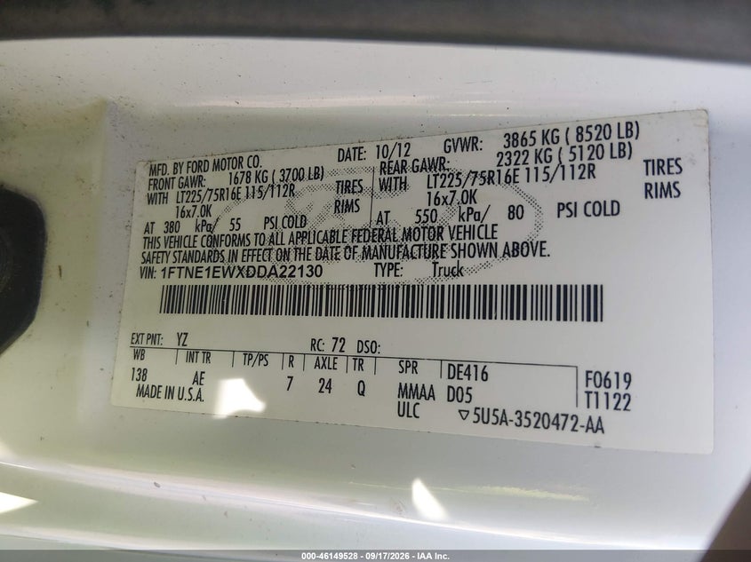 FORD E-150 2013 VIN 1FTNE1EWXDDA22130
