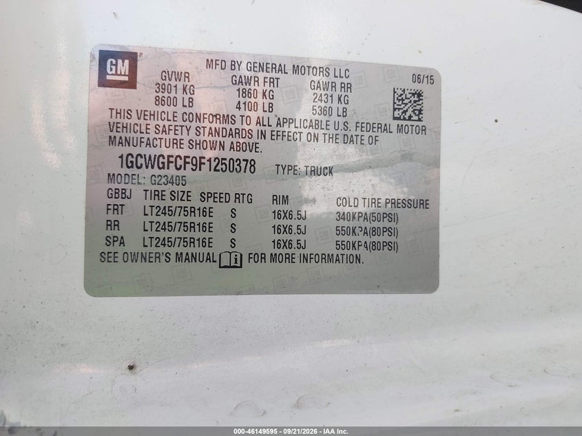 CHEVROLET EXPRESS 2500 2015 VIN 1GCWGFCF9F1250378
