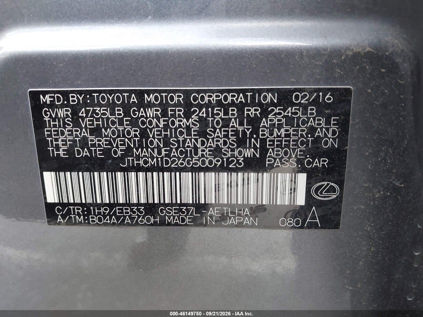 LEXUS IS 300 2016 VIN JTHCM1D26G5009123