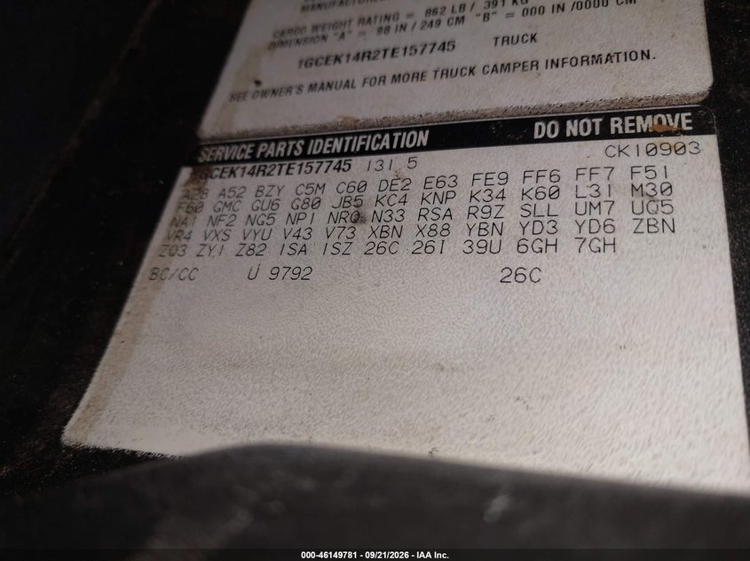 CHEVROLET GMT-400 1996 VIN 1GCEK14R2TE157745