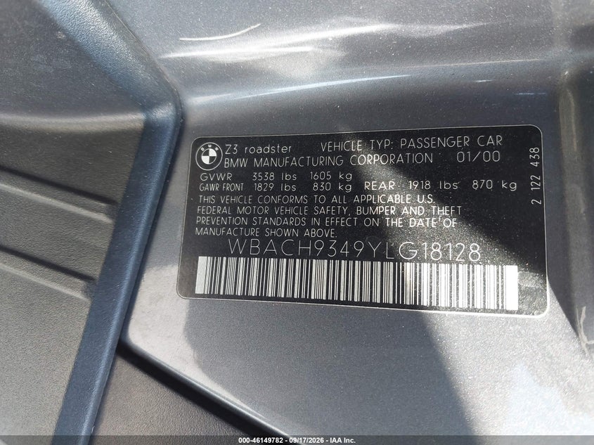 BMW Z3 2000 VIN WBACH9349YLG18128