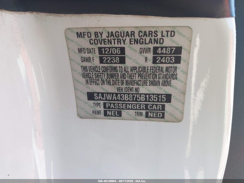 JAGUAR XK 2007 VIN SAJWA43B875B13515