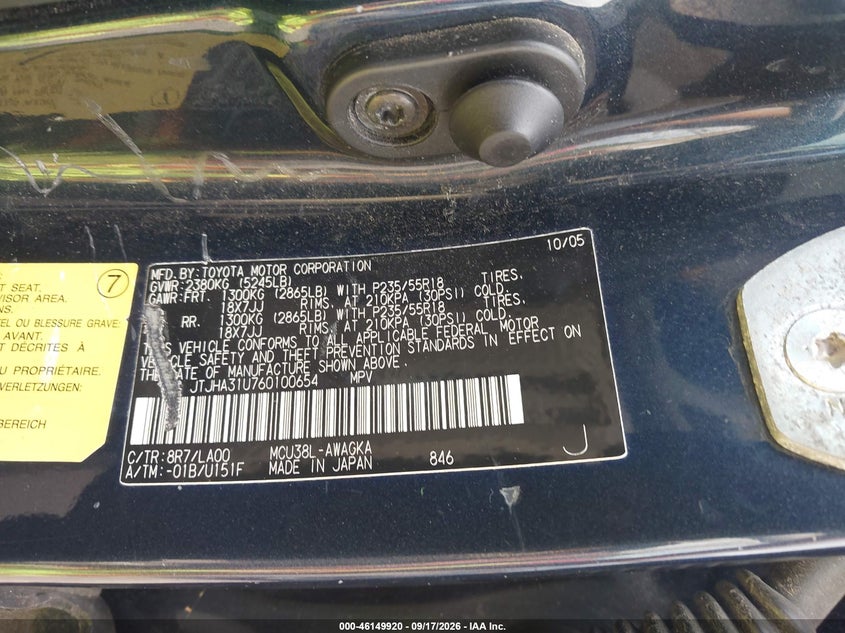 LEXUS RX 330 2006 VIN JTJHA31U760100654