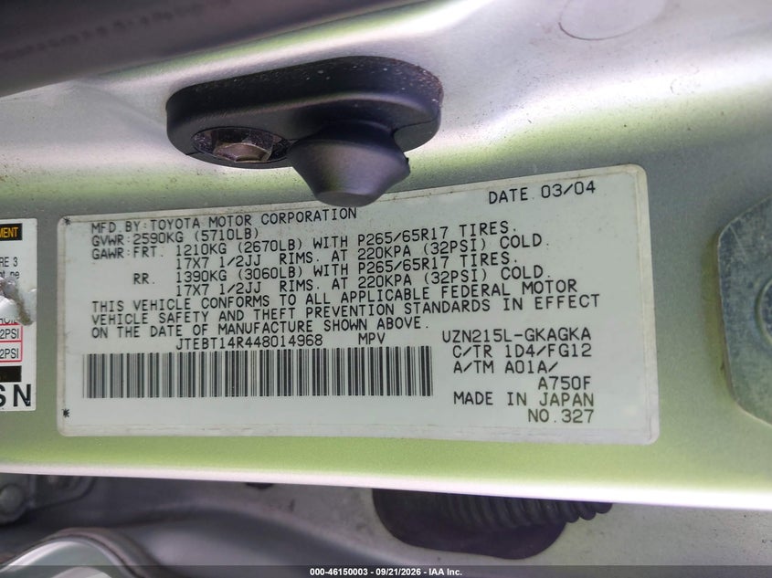TOYOTA 4RUNNER 2004 VIN JTEBT14R448014968