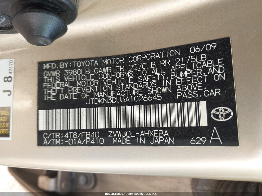 TOYOTA PRIUS 2010 VIN JTDKN3DU3A1026645