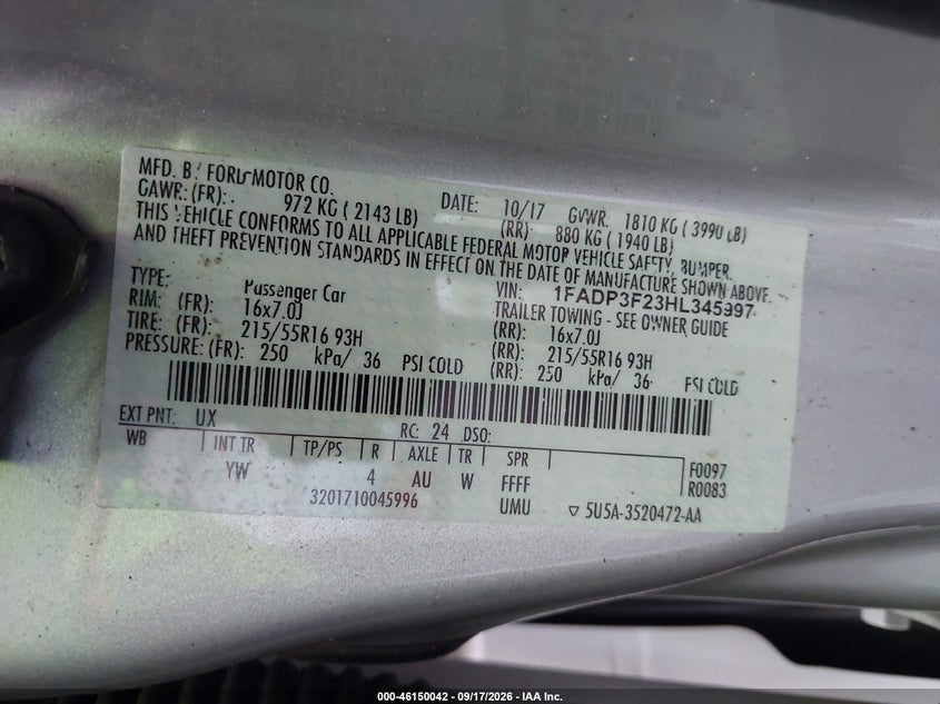 FORD FOCUS 2017 VIN 1FADP3F23HL345997