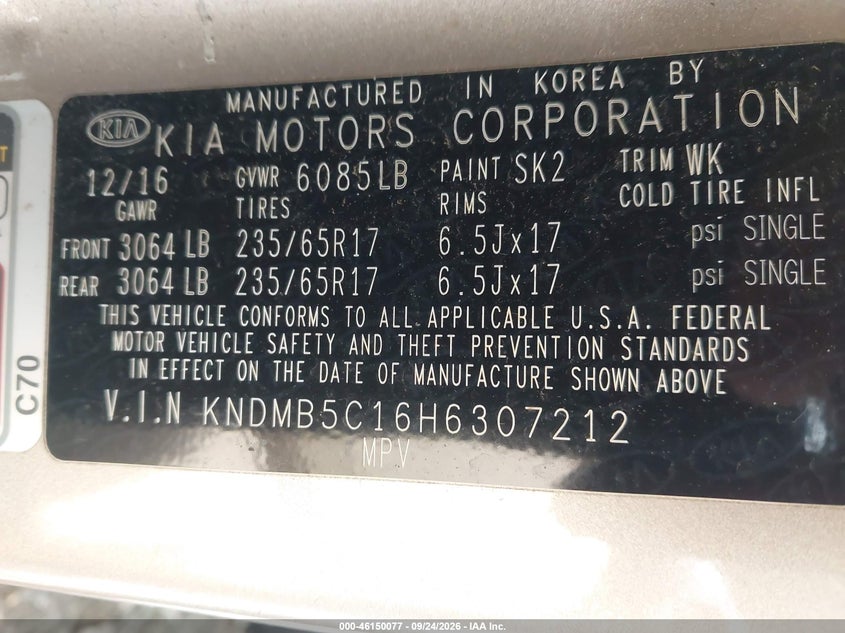 KIA SEDONA 2017 VIN KNDMB5C16H6307212