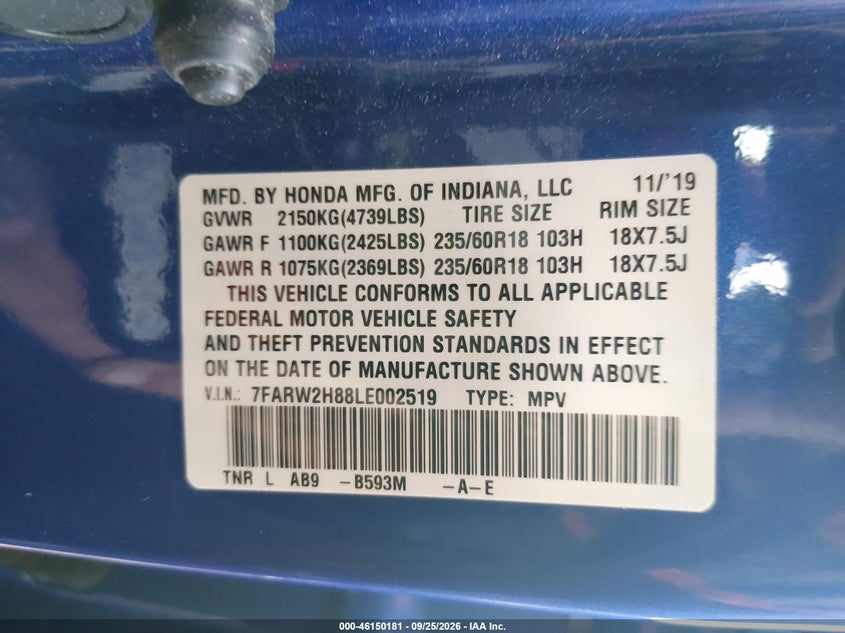 HONDA CR-V 2020 VIN 7FARW2H88LE002519