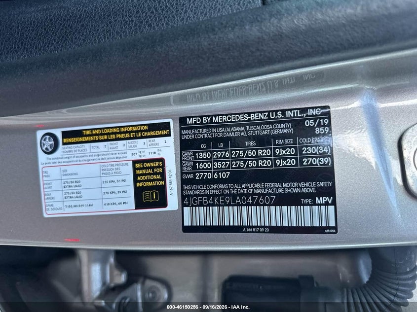 MERCEDES-BENZ GLE 350 2020 VIN 4JGFB4KE9LA047607