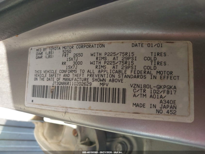 TOYOTA 4RUNNER 2001 VIN JT3GN86R110202629