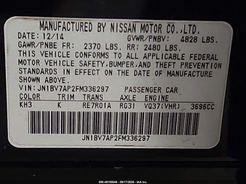 INFINITI Q50 2015 VIN JN1BV7AP2FM336297
