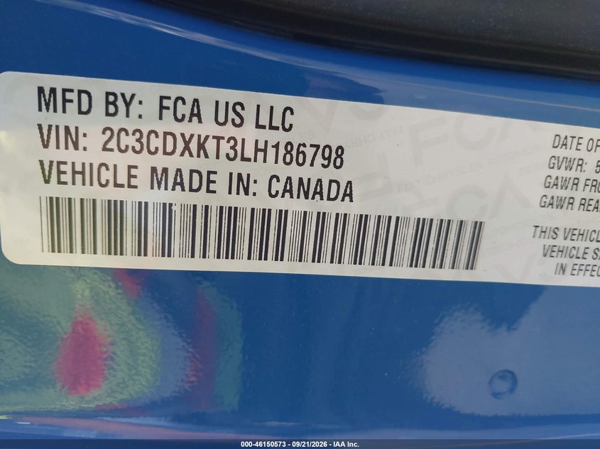DODGE CHARGER 2020 VIN 2C3CDXKT3LH186798