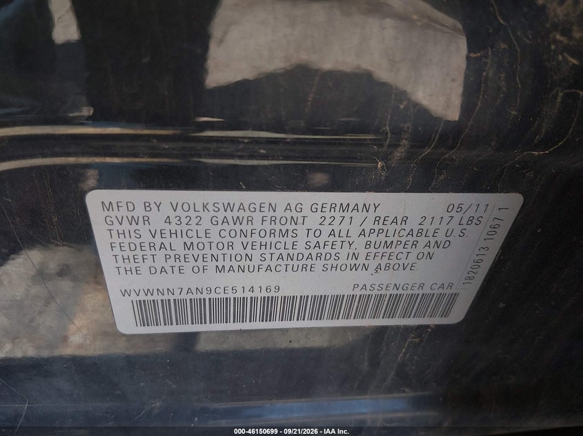 VOLKSWAGEN CC 2012 VIN WVWNN7AN9CE514169