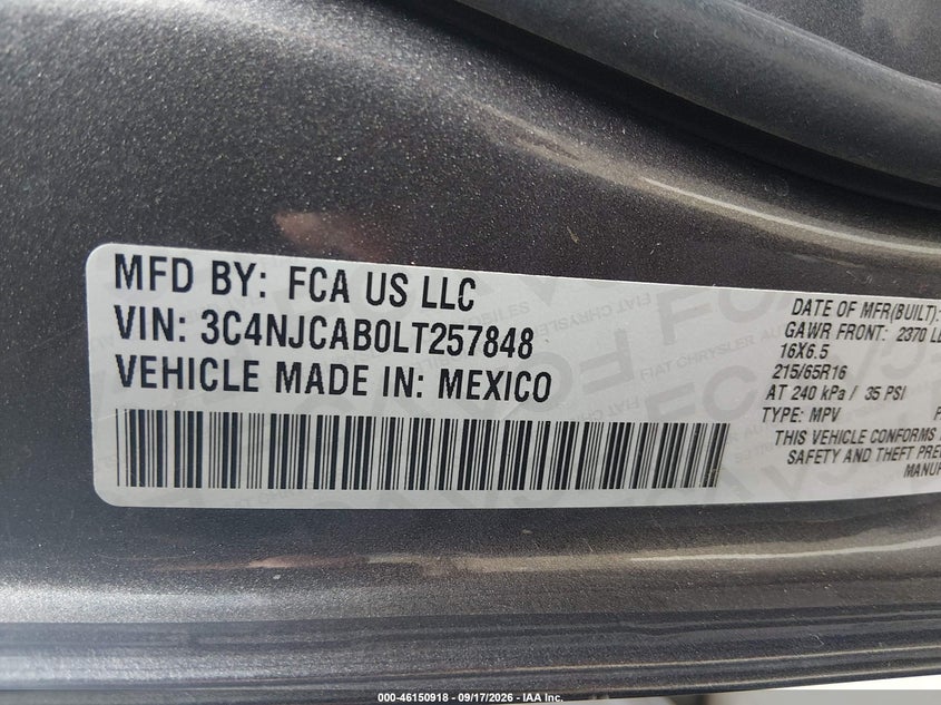 JEEP COMPASS 2020 VIN 3C4NJCAB0LT257848