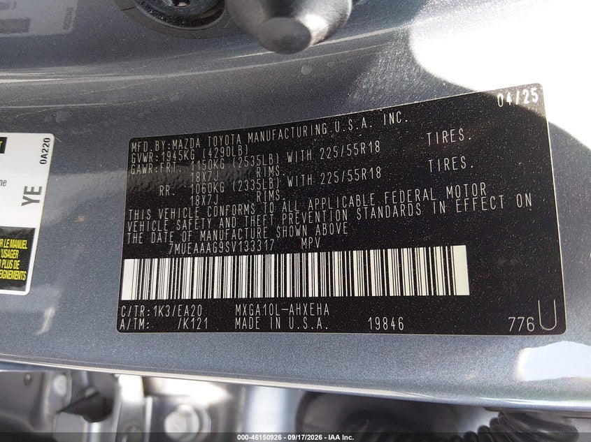 TOYOTA COROLLA CROSS 2025 VIN 7MUEAAAG9SV133317