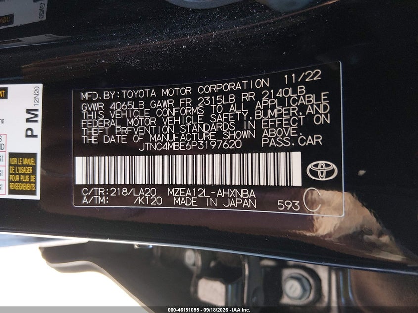 TOYOTA COROLLA 2023 VIN JTNC4MBE6P3197620