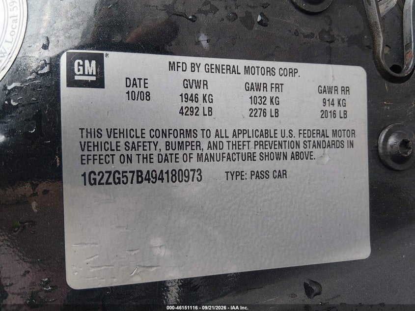 PONTIAC G6 2009 VIN 1G2ZG57B494180973