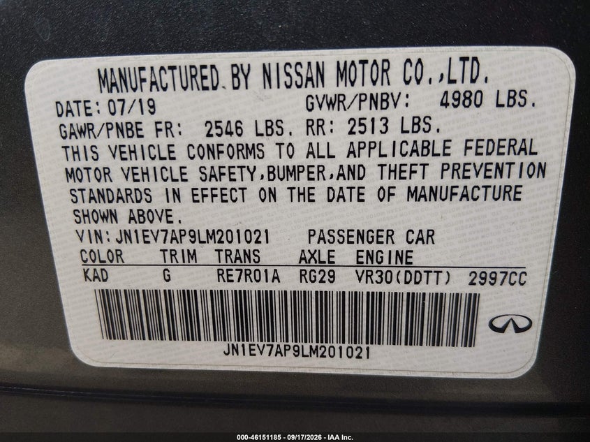 INFINITI Q50 2020 VIN JN1EV7AP9LM201021