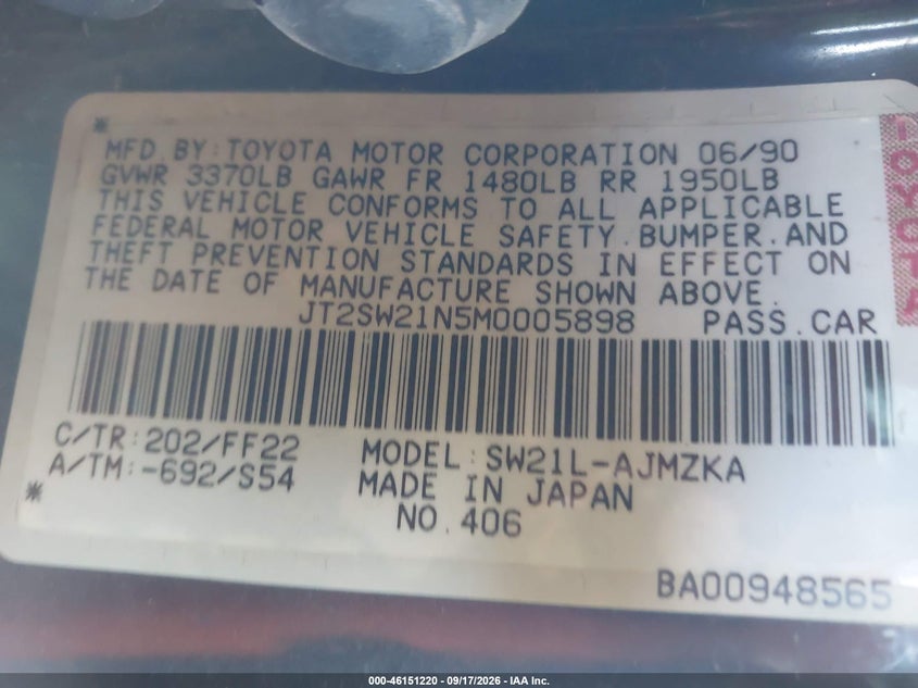 TOYOTA MR2 1991 VIN JT2SW21N5M0005898